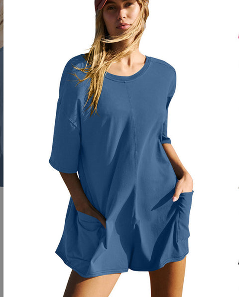 Combinaison ample décontractée à manches courtes et dos nu pour femme, col en V, poches M300225 