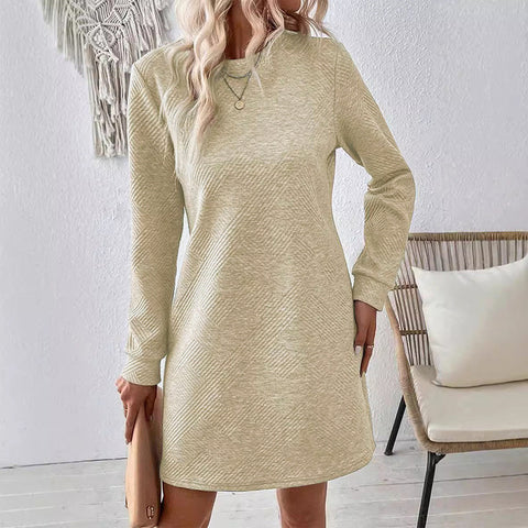 Robe d'automne et d'hiver texture simple et polyvalente col rond manches longues jupe courte m300702 