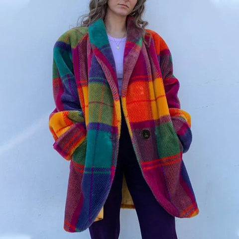 Long-sleeved lapel color matching jacket printed woolen long coat m300585