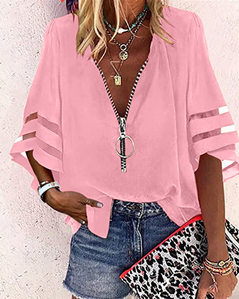 Chemise ample décontractée à col en V et manches mi-évasées avec fermeture éclair et maille pour femme M300887 