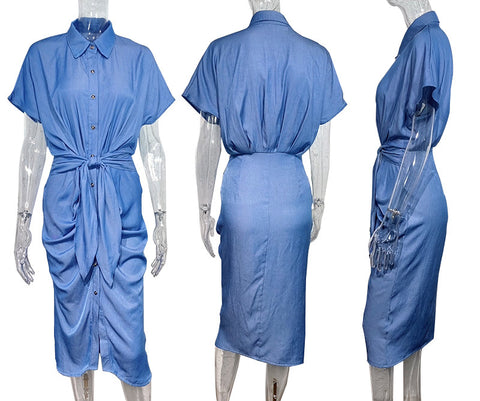 Hemdkragen, geteiltes, plissiertes Slim-Wash-Denim-Kleid M300315 
