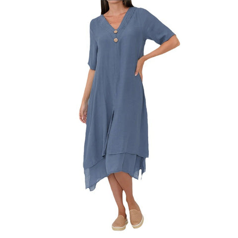 Gewebtes doppellagiges literarisches Kleid aus Baumwolle und Leinen mit geteiltem V-Ausschnitt m301247 