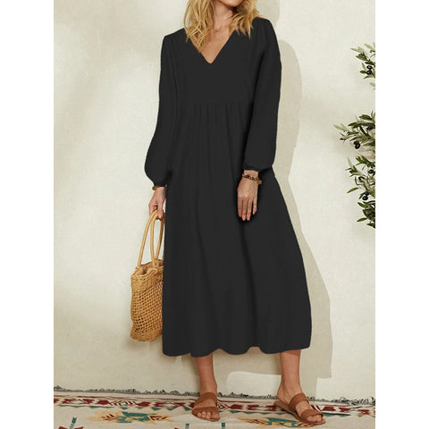 Lockeres Damenkleid aus Baumwolle und Leinen mit Laternenärmeln m301242 