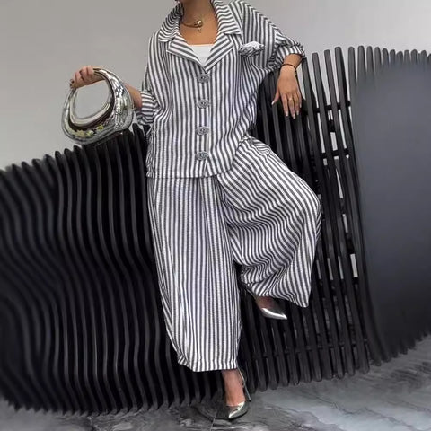 Autumn commuter temperament flower striped loose blazer casual suit m302316