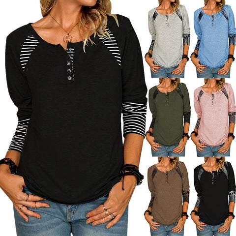 Damen Langarm Bedrucktes Gestreiftes Casual T-Shirt Top Weiblich M300352 
