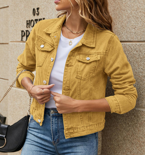 Women's fashion trend lapel pocket single-breasted short denim jacket m301642