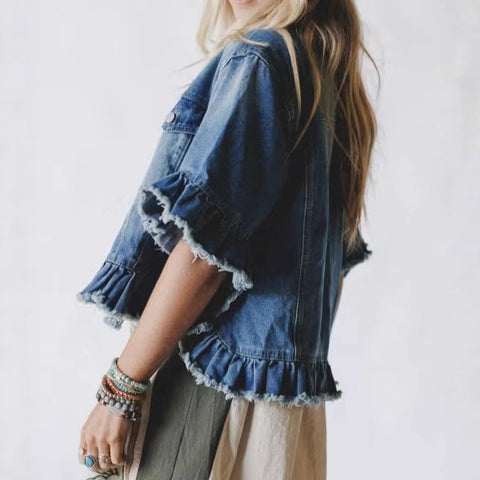 Women's denim short-sleeved ruffled fringed hem denim top m303100