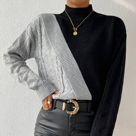 Herbst und Winter Halb-Rollkragenpullover Damen schwarz und grau High-End Casual Pullover Twist m300641