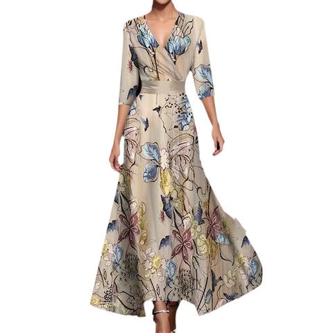 Robe longue à col en V croisé et manches sept pour femme m300923 