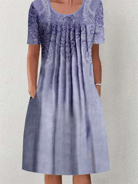 Frühling/Sommer Blumen bedrucktes Rundhals-Taschen-Mittellanges Kleid für Damenbekleidung m300037