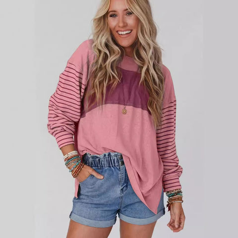 Pullover Rundhals lässig gestreift kontrastfarben Langarm T-Shirt Damen m300875 