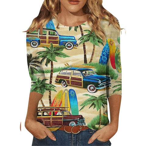 Pull ras du cou à manches sept-quarts et imprimé 3D de fleurs et de plantes m300615 