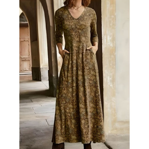 Robe en coton imprimé à manches longues et col en V avec poches m300706 