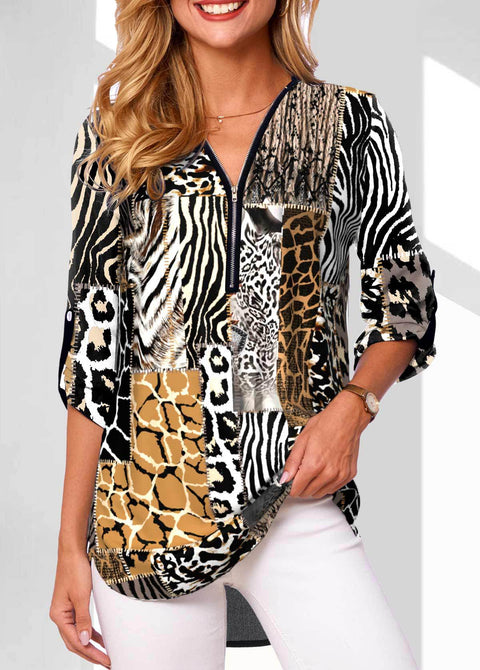 Chemise ample à manches longues et col en V pour femme, grande taille, fermeture éclair, manches retroussables, M300207 