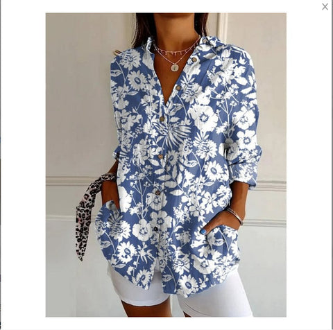 3D digital printing abstract pattern women's long-sleeved buckle linen shirt m302749-03