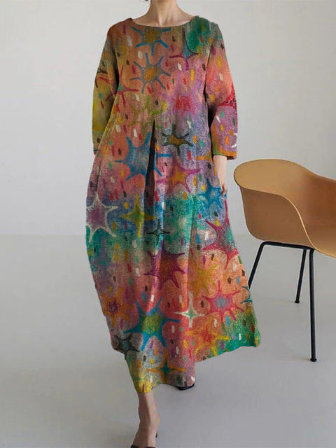 Robe ample à col ras du cou et manches longues imprimée haut de gamme m301044