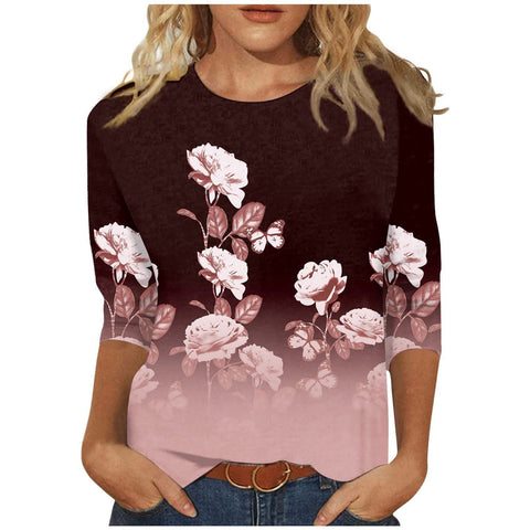 Pull ras du cou à manches sept-quarts et imprimé 3D de fleurs et de plantes m300615 