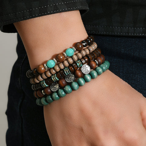 Retro-Wind-Zinklegierung-Lebensbaum, handgewebte Holzperlen, mehrschichtiges fünfteiliges Armband m3331272 