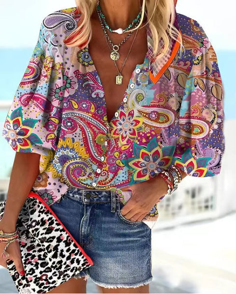 women's clothing stand-up collar loose button retro printed casual shirt m301723