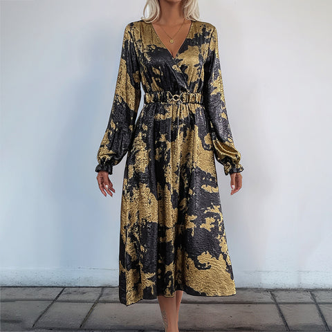 Temperament v-ausschnitt mit langen ärmeln A-pendel bronzing kleid herbst frauen high-end-m300808 