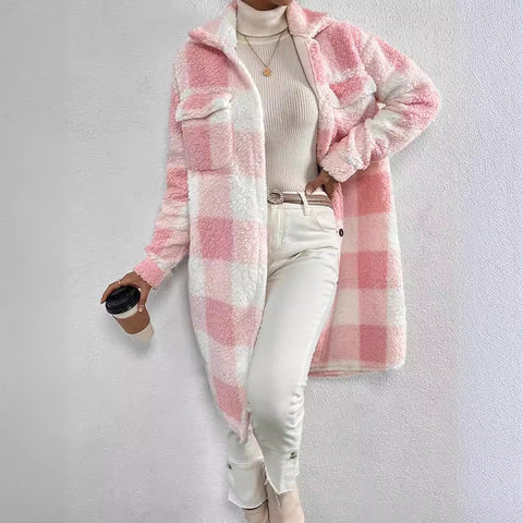 Veste à carreaux en peluche à revers ouvert pour femme, manteau long et ample, style banlieue, m300360 