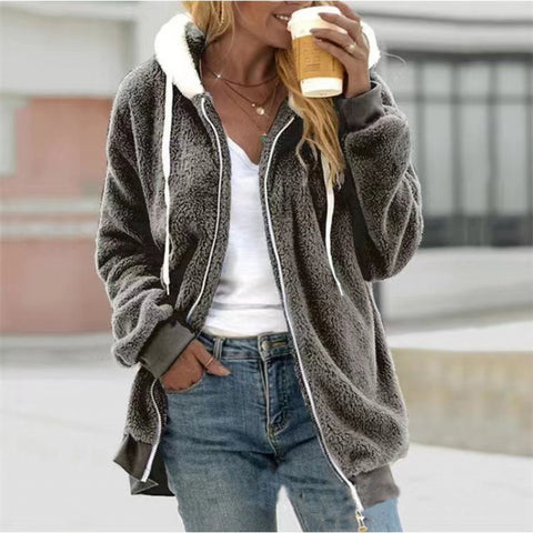 New autumn and winter loose plush zipper hooded jacket m300464