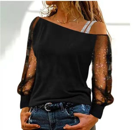 Diagonalkragen, hauchdünnes, schulterfreies Langarm-T-Shirt, modisches, schulterfreies Basishemd M300176 