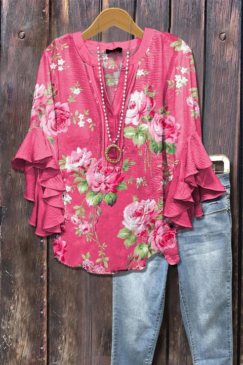 Digital printing casual trend V-neck lotus edge T-shirt women's m302725-2