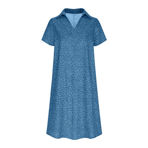 Langes Kleid, lässig, locker, V-Ausschnitt, bedruckt, gepunktet, Hemdkleid, m300919 
