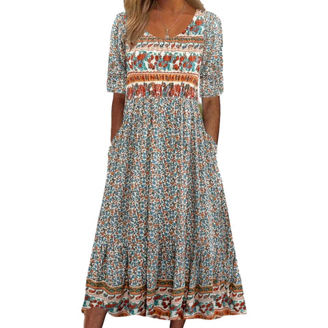 Women's Crew Neck Short Sleeve Long Dress Bohemian Dress m302895