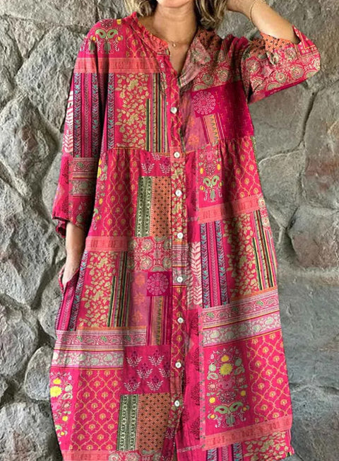 Robe chemise ample à col ras du cou et manches longues pour femme, imprimée, de qualité supérieure, m301050