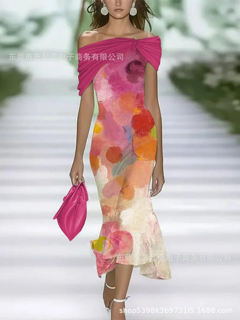 Floral element shading 3D digital printing temperament elegant slanted shoulder dress m302468
