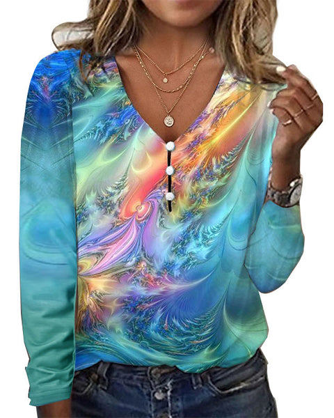 Langarm-T-Shirt-Pullover mit V-Ausschnitt, Stern-Batikmuster und Perlmuttknöpfen m300609 