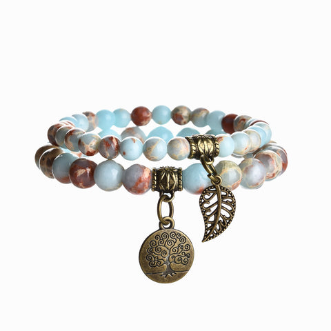 Tree of Life Leaf Pendant Set Bracelet Colorful Tiger Eye Amethyst Agate Bracelet m3331289