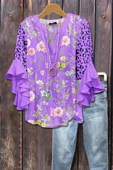 T-shirt à col en V et bordure lotus, imprimé floral créatif, impression numérique, tendance décontractée, m301358 