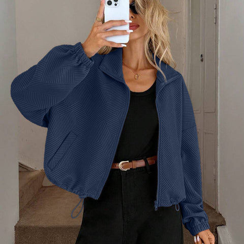 Turtleneck hem drawstring pocket ladies loose baseball jacket m302164