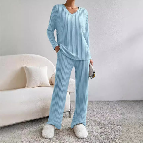 Gerade Hose Temperament locker V-Ausschnitt Grubenstreifen Strickbezug m301375 