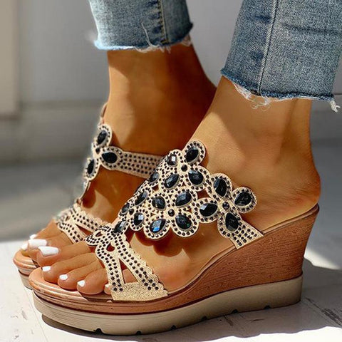 Bohemian rhinestone heel slippers women's summer platform large size round toe one line wedge heel fish mouth slippers m302362