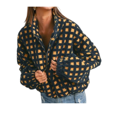 New women's anti-blow lamb wool plaid fashion casual loose coat m302134