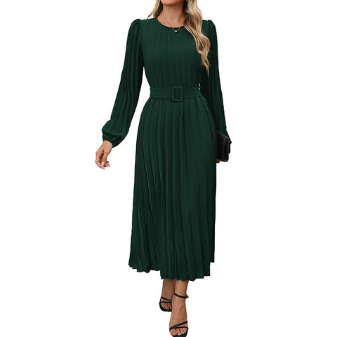 Kleid Langarm Plissee Rundhals Hohe Taille Langes Kleid Damen m300809 