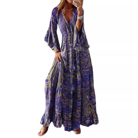 Bohemian Urlaubskleid mit ausgestellten Ärmeln, V-Ausschnitt und hoher Taille, bedruckt, m300709 