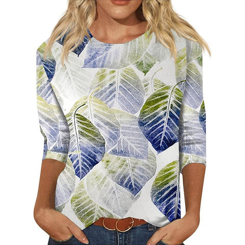 Pullover mit Rundhalsausschnitt und 7/4-Ärmeln, Pflanzenblumen und 3D-Druck, m300615 