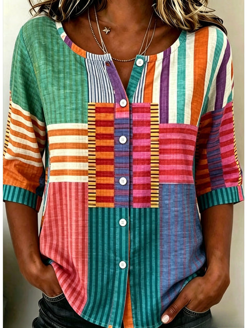 Women's Top Printed Casual Short Sleeve Collarless Shirt m303047