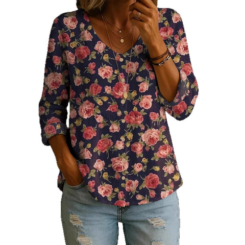 Crew Neck Women's Floral 3D Printed Women's Henley Shirt m302611