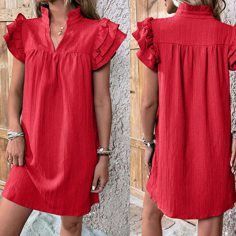 Robe pull polyvalente à col en V et manches en feuille de lotus multicouches m301019 