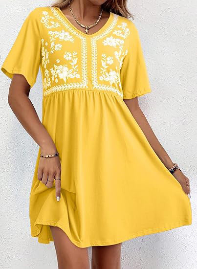 Casual loose V-neck print waist short-sleeved women's dress m302347