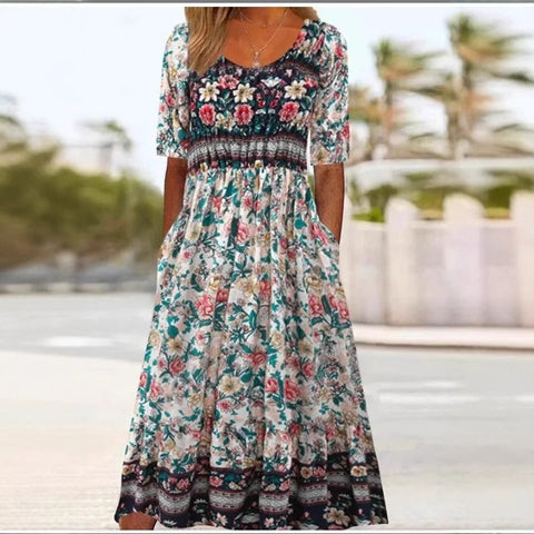 Up and down splicing pocket size printing big wide dress m301712