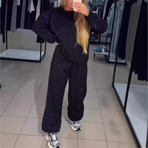 Women's casual round neck long sleeve full body hot diamond drawstring foot tie two-piece set m301499