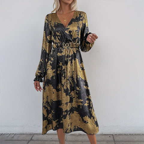 Temperament v-ausschnitt mit langen ärmeln A-pendel bronzing kleid herbst frauen high-end-m300808 