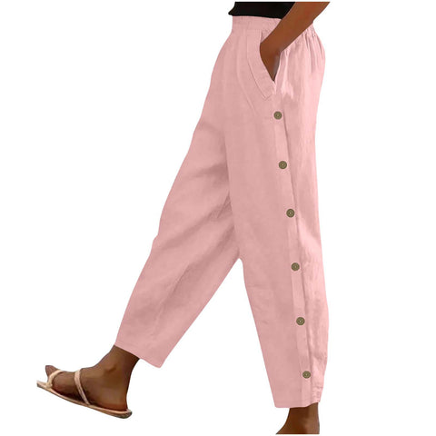 Side button pocket solid color mid-waist cotton and linen casual loose trousers m302831